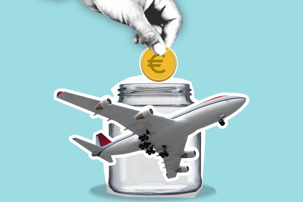 Illustrazione salvadanaio e aereo